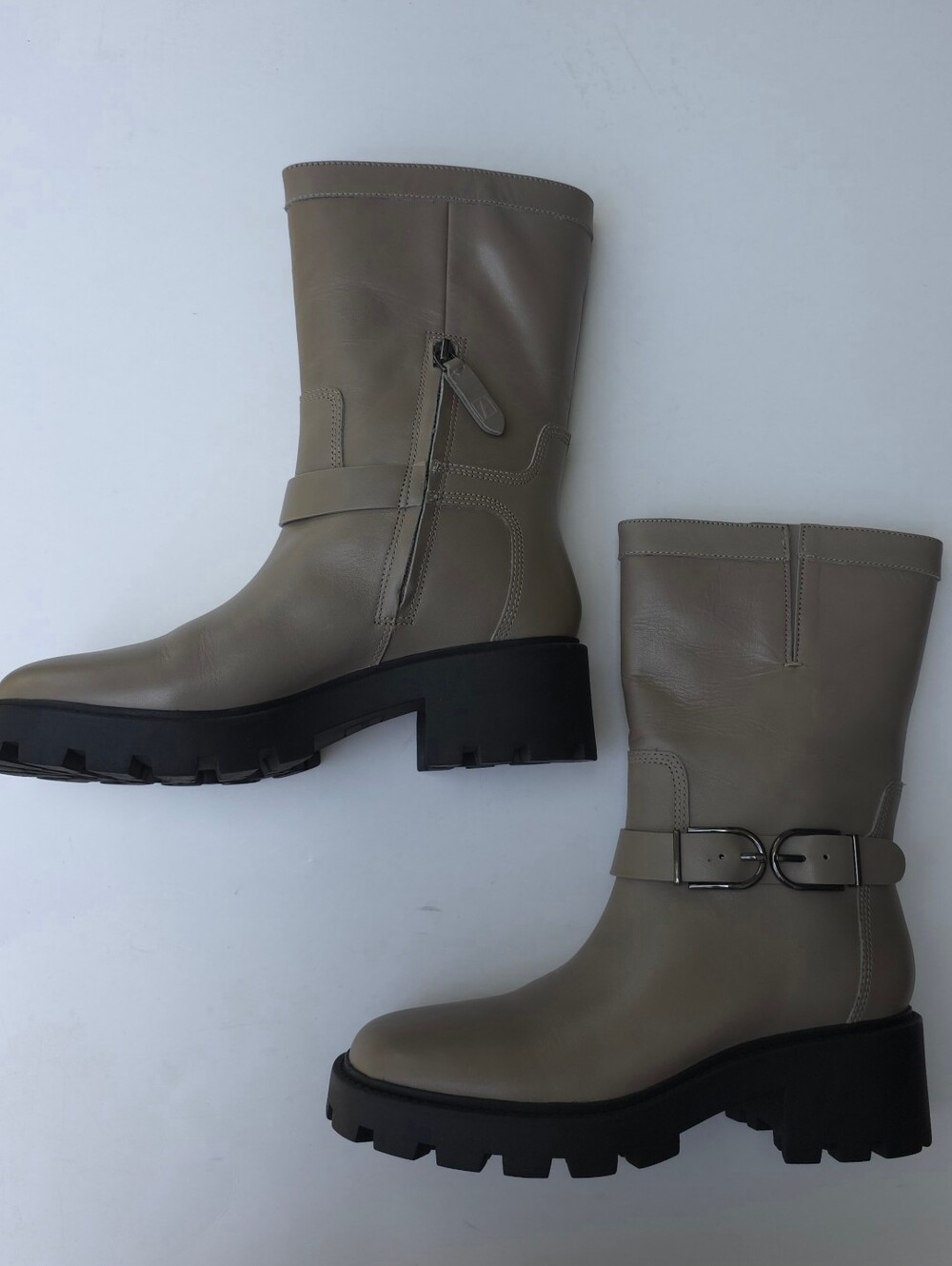 Franco Sarto Elle Women's Boots 7.5 Grey Leather Moto Lug Sole Buckle Mid Calf